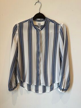 Tristan White, Black and Light Blue Vertical-Stripe Blouse